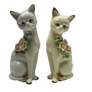 Vintage MCM Ceramic Cat Figurines Set Floral Decor Pair Ivory Cream Gold Accents